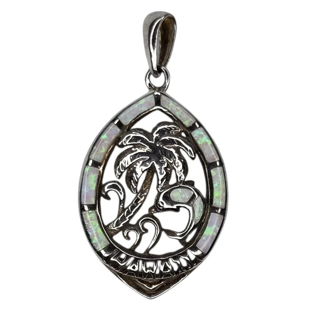 Hawaii Pendant Sterling Silver Lab Opal Blue White Tropical Palm Dolphin Hawaii